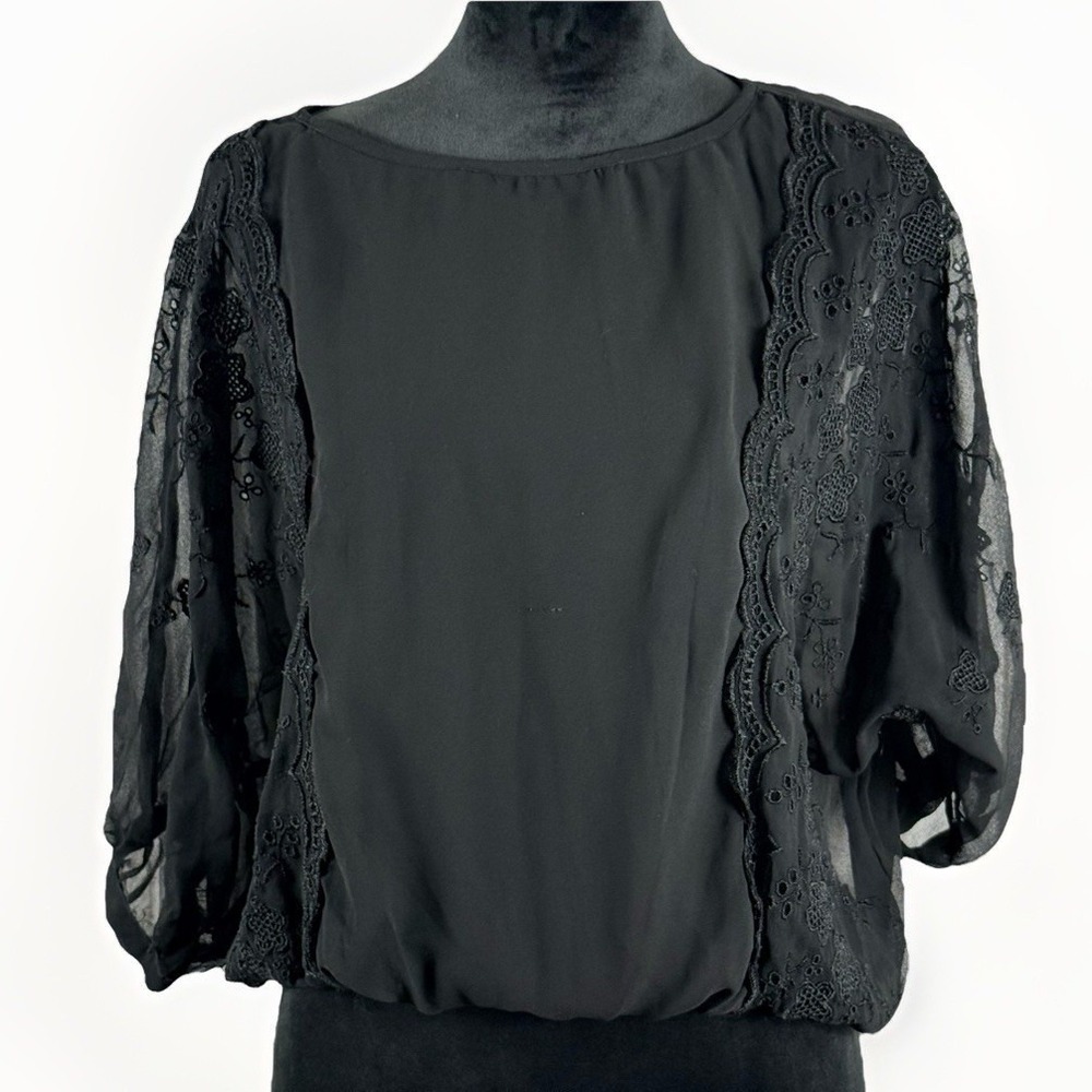 Angie Black Lace Sleeve Blouse Sheer Boho Romantic Gothic Peasant Top S